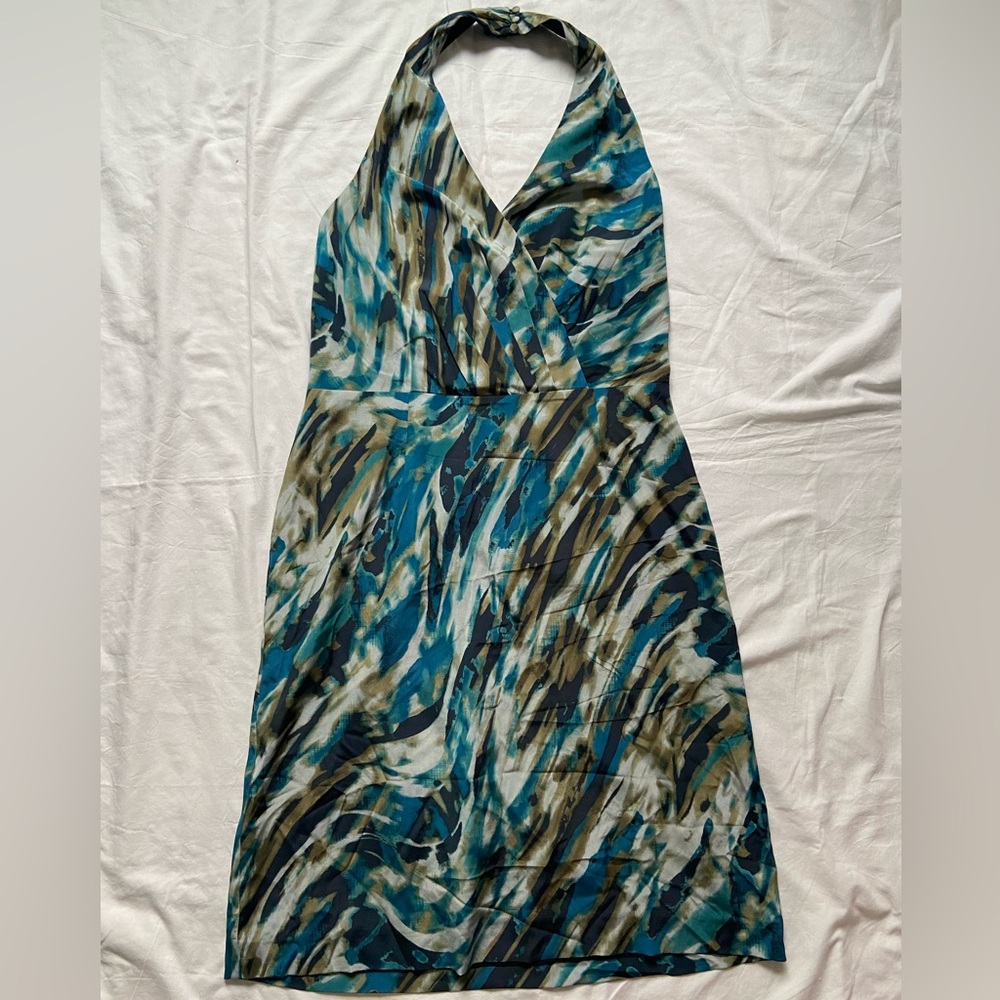 Ann Taylor Blue Green Water Color Women’s Silk Halter Dress Size 12